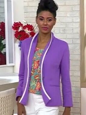 Susan Graver Purple Open-Front Jacket with White Trim